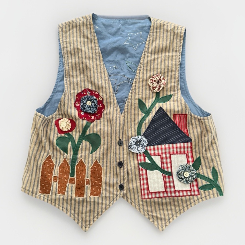 Vintage Birdhouse/Flowers Patchwork Button‎ Front Vest Country Cottagecore M/L